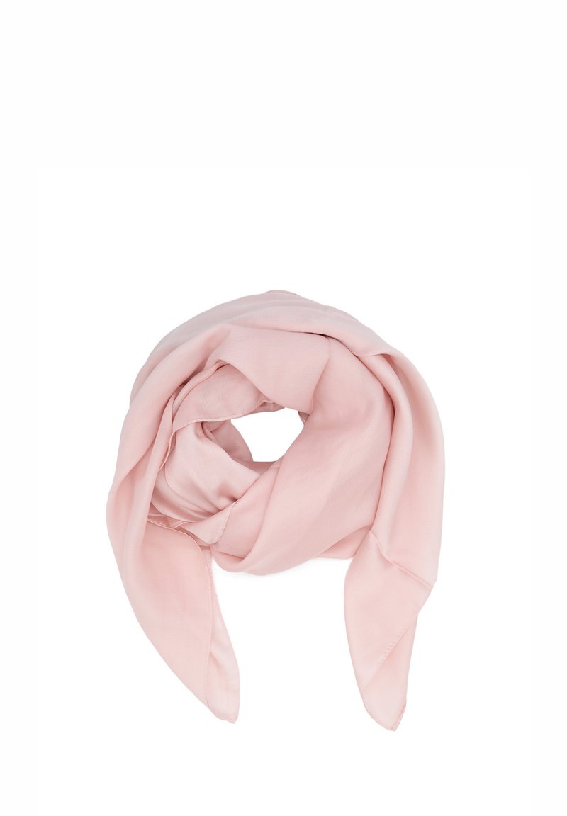 Sciarpa di seta rosa pallido, con forme morbide, texture liscia e bordi che fluiscono dolcemente, progettata per opzioni di stile versatili.