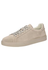 Beige Wildlederschuhe mit runder Zehenform, grauen Schnürsenkeln, Gummisohle und minimalistischem Design. Verfügt über gestickte Akzente und ein glattes Innenfutter.