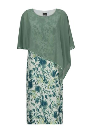 Grünes, knielanges Kleid mit floralen Mustern, transparentem asymmetrischem Überwurf und Paillettenbesatz an Ärmeln und Saum.