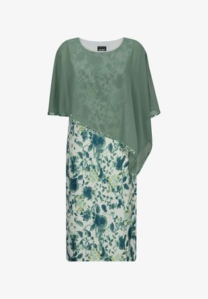 Grünes, knielanges Kleid mit floralen Mustern, transparentem asymmetrischem Überwurf und Paillettenbesatz an Ärmeln und Saum.