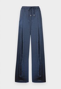 Μπλε σκούρο παντελόνι με φαρδιά μπατζάκια και άσπρες πουά, ελαστική μέση και κορδόνι στη μέση για δέσιμο.