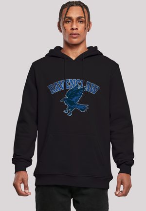 Black hooded sweatshirt featuring a blue "Ravenclaw" graphic and a flying raven design. Includes a front pocket and ribbed cuffs.