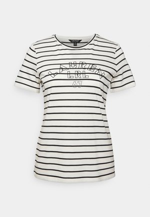 Gestreept T-shirt in crème en zwart, met een ronde hals, korte mouwen en een grafische print met "LAUREN LRL 67" gecentreerd op de voorkant.