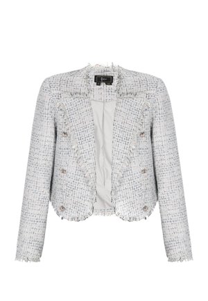 Krótka marynarka z jasnoszarego tweedu z postrzępionymi krawędziami, podwójnym rzędem srebrnych guzików i długimi rękawami.