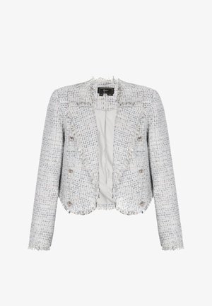 Veste courte en tweed gris clair avec bords effilochés, boutons argentés à double boutonnage et manches longues.