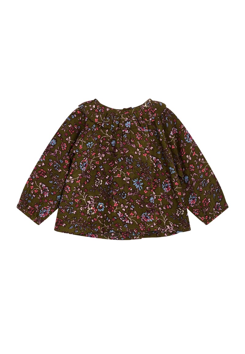 Langarmhemd aus dunkelgrünem Stoff mit einem floralen Muster in Pink und Blau. Es hat einen gerafften Ausschnitt und eine lockere Passform.