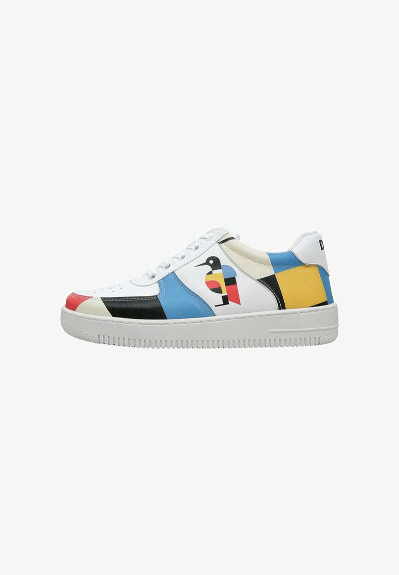 White sneakers with colorful geometric patterns in red, blue, yellow, and black. Features a textured sole and a black bird graphic.