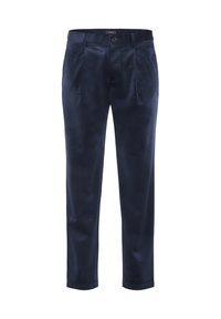 Tamnoplave baršunaste uske hlače s plisama, dugmetom, petljama za remen i bočnim džepovima.