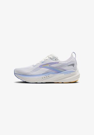 Valge sportlik king, millel on võrgust ülemine osa, lilla aktsent ja ümar tall. Omab pehmendust midsole'is ja silmapaistvat kaubamärgi logosid.