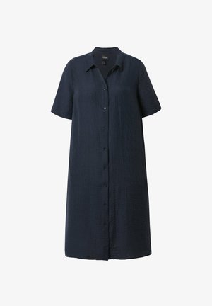 Granatowa sukienka koszulowa z teksturowanej tkaniny, z zapięciem na guziki z przodu, kołnierzykiem i krótkimi rękawami. Luźny krój.