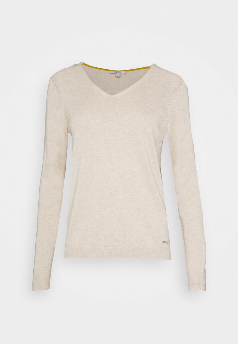 Beige langärmliger V-Ausschnitt-Pullover aus strukturiertem Stoff. Verfügt über einen kontrastierenden gelben Innenkragen und ein kleines Logolabel am Saum.