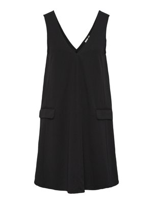 Vestido preto sem mangas com decote em V, bolsos frontais e silhueta em A.