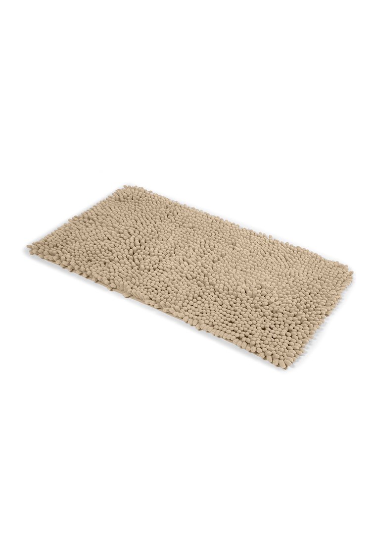 Beiger Badteppich mit einer strukturierten Oberfläche, die kleine, runde, erhabene Perlen aufweist. Rechteckige Form, weiches Material und plüschiges Gefühl.