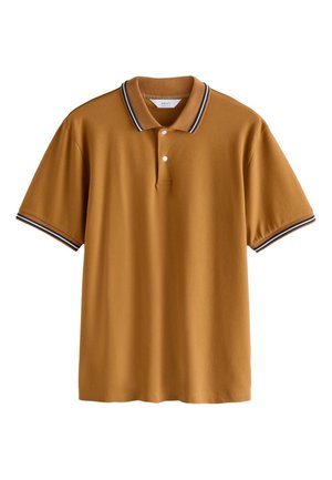 Polo shirt in mustard yellow with a soft texture. Features a two-button placket, ribbed collar with black and white stripes, and short sleeves.