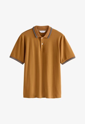 Polo shirt in mustard yellow with a soft texture. Features a two-button placket, ribbed collar with black and white stripes, and short sleeves.