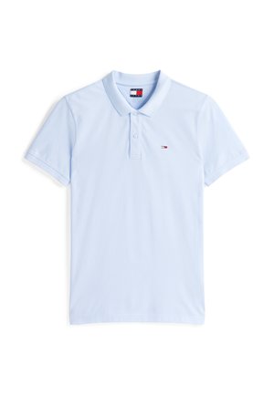Polo shirt bleu clair en coton, avec un col, des manches courtes, une patte de boutonnage à trois boutons et un petit logo sur la poitrine.