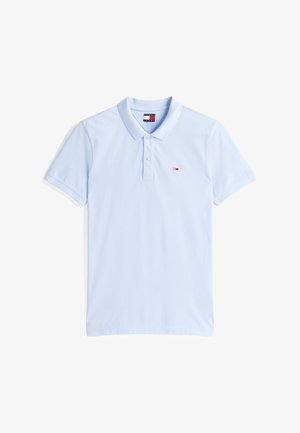 Heledad sinine polo-särk, mis on valmistatud puuvillast, millel on kaelus, lühikesed varrukad, kolme nööbiga avamine ja väike logo rinnal.