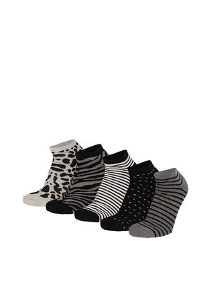 Five pairs of ankle socks in black, white, and gray with various animal and stripe patterns, displayed side by side on a white background.