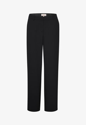 Pantalones negros con diseño de pierna recta, hechos de tela texturizada. Presentan una cinturilla y sin cierres o bolsillos visibles.