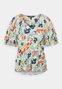 Květinová blůza s výstřihem do V, krátkými balónovými rukávy a knoflíky vpředu. Vyrobena z lehkého materiálu s modrými, zelenými, červenými a oranžovými vzory.