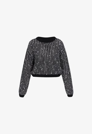 Lühendatud must ja hõbedane sviiter, millel on ribitud kaelus ja varrukad ning tekstuuriga triibuline muster. Pehme kootud materjal.