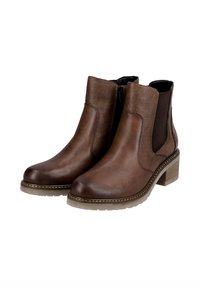 Brown ankle boots with a smooth leather finish, textured accents, elastic side panels, and a medium block heel. Lightweight rubber sole.