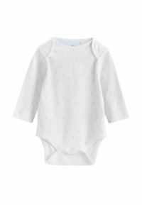 Vit långärmad bodysuit med ljusblå prickigt mönster, försedd med rundad halsringning och tryckknappar längst ner för enkel påklädning.
