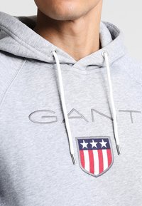Nahaufnahme einer Person, die einen hellgrauen Hoody mit weißen Kordeln und einem Wappen-Emblem mit drei weißen Sterne und roten Streifen trägt.