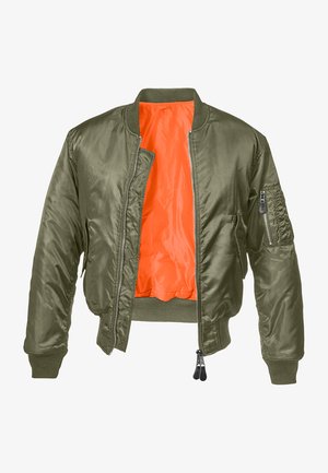 Olivgrüne Bomberjacke mit Reißverschluss vorne, gerippten Bündchen und orangefarbenem Futter. Verfügt über eine Seitentasche mit Reißverschluss und einer glatten Satinoberfläche.