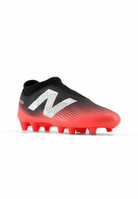 Football boots in black and red gradient design, featuring a textured upper, a snug collar, and prominent white logo with six studded outsole.