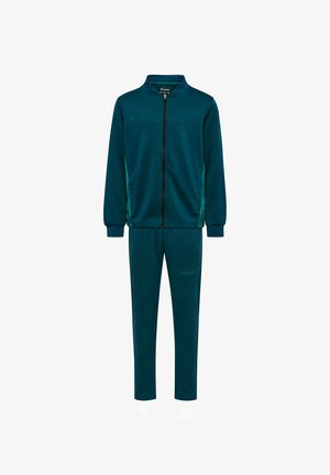 Donker turquoise jas met volledige rits en geribde kraag, met bijpassende rechte broek, gemaakt van gladde stof, getoond op een witte achtergrond.