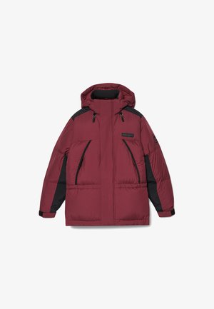 Bordowa kurtka puchowa z czarnymi akcentami, posiadająca kaptur, zamykane kieszenie i wytrzymałą, pikowaną teksturę. Zawiera regulowane mankiety.