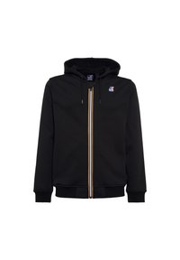 Sort hættetrøje med lynlås og hætte, med en frontlynlås omkranset af gult og hvidt. Inkluderer et lille logomærke på brystet.