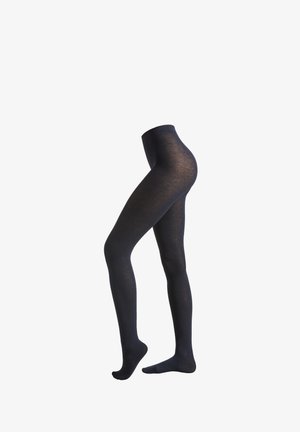 Czarne, nieprzezroczyste legginsy o gładkiej fakturze, z wysokim stanem i pełnym krojem, bez wzorów i ozdób.