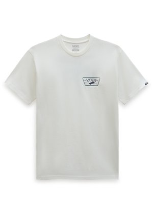 T-shirt blanc Vans à manches courtes avec un petit logo noir et gris sur le côté gauche de la poitrine, col rond, et une petite étiquette logo sur la manche gauche.