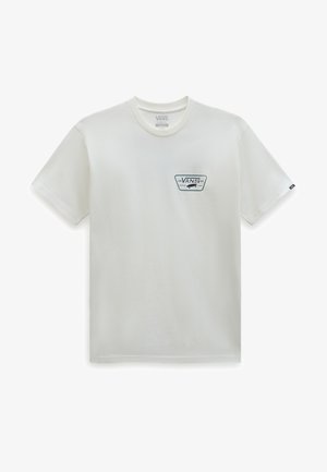 Weißes Vans-T-Shirt mit kurzen Ärmeln, kleinem schwarzem und grauem Logo auf der linken Brust, Rundhalsausschnitt und kleinem Logoschild auf dem linken Ärmel.