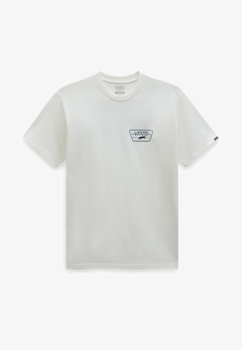 T-shirt blanc Vans à manches courtes avec un petit logo noir et gris sur le côté gauche de la poitrine, col rond, et une petite étiquette logo sur la manche gauche.