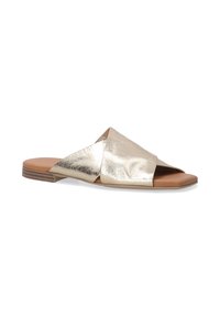 Gold leather slide sandal with crossed straps, open toe, and a flat sole. The upper features a metallic finish and smooth texture.