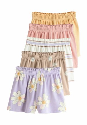 Fem par ribstrikkede shorts med elastiske linninger i pastelgul, lyserød, hvid med striber, beige med blomster og lavendel med store hvide blomster.
