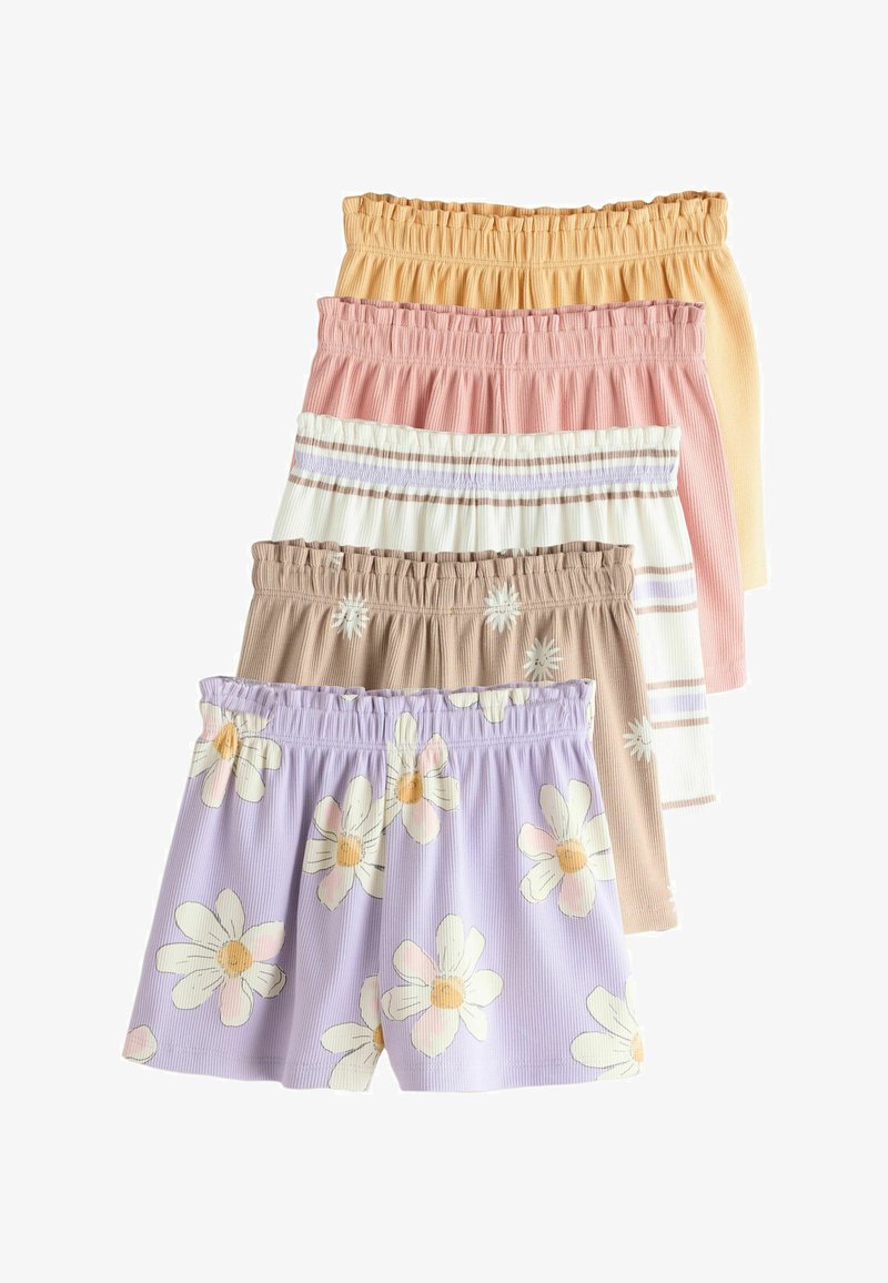 Cinq paires de shorts en tissu côtelé avec ceintures élastiques, en jaune pastel, rose, blanc à rayures, beige avec des fleurs et lavande avec de grandes fleurs blanches.