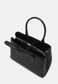 Czarna pikowana torebka z gładkimi skórzanymi akcentami, podwójnymi górnymi uchwytami, przedziałem zamykanym na zamek oraz złotymi detalami metalowymi.