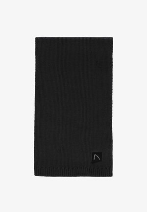 Scaldacollo in maglia nera con texture a coste e un patch logo triangolare su un design a forma quadrata.