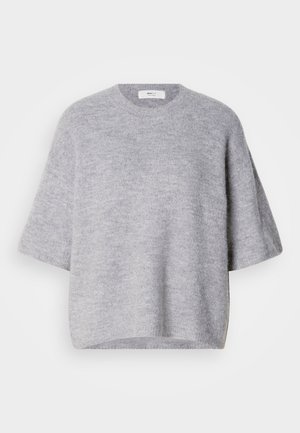 Light gray short-sleeve wool-blend sweater with a round neckline and ribbed hem, displayed on a white background.