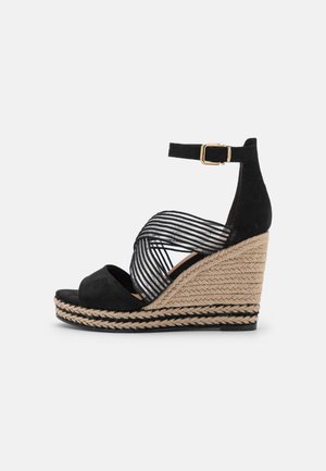 Sort kile-sandal med hæl indpakket i jutestof, stribede krydsede stofremme, ankelrem og guldspænde.