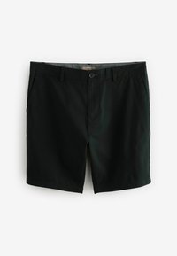 Zwarte shorts van gladde stof met een knoopsluiting, twee voorkeurszakken en een platte voorkant. Heeft een strakke, eenvoudige snit.