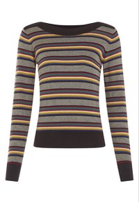 Gestreifter Pullover mit weitem Ausschnitt, der mehrfarbige horizontale Streifen in Beige, Grün, Blau, Rot und Gelb zeigt.