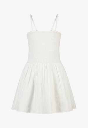 Weißes ärmelloses Kleid mit gerafftem Oberteil, verstellbaren dünnen Trägern und gerafftem A-Linien-Rock.