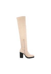 Beige suède over-the-knee laars met een blokhak en een rits aan de zijkant. Gladde textuur en een ronde neus; rubberen zool voor grip.