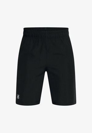 Schwarze sportliche Shorts mit elastischem Bund und einem silbernen Logo auf der unteren linken Seite. Hergestellt aus leichtem Stoff für hohen Tragekomfort.