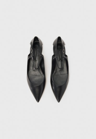 Musta nahkainen slingback-kengät, joissa on terävä kärki, leikattu sivuyksityiskohta ja litteä pohja. Sisältää pienen pyöreän soljen yksityiskohtana.